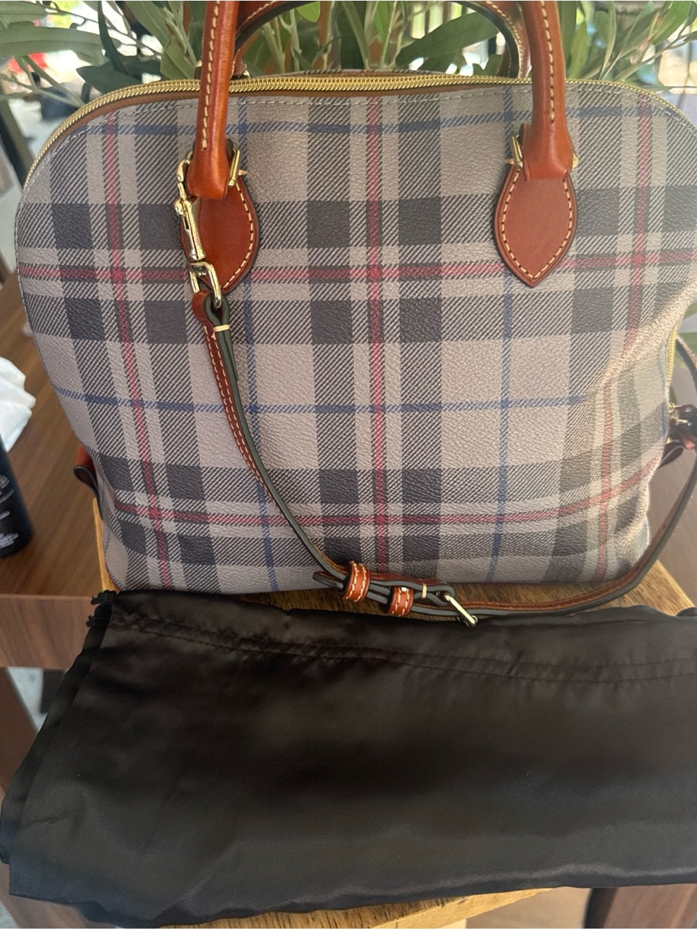 Dooney & Bourke Tiverton Gray Plaid Satchel with Brown Leather Trim. Dust bag. - Picture 6 of 14
